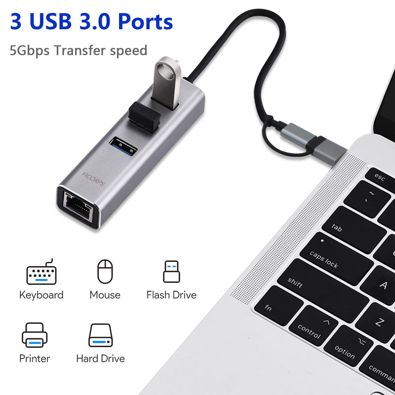 USB C to Ethernet Adapter YICORPS 3 Port USB 3.0 Expander Hub to RJ45 LAN with Gigabit Ethernet LAN Adapter for MacBook/Windows 10/8.1/Surface Pro/Chromebook/Linux and More Laptop