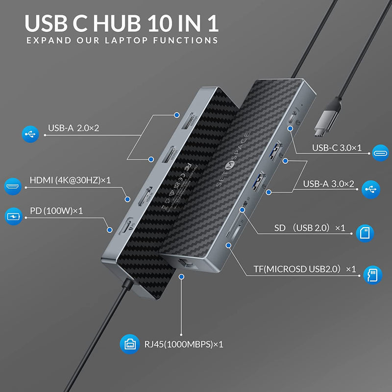 USB C Docking Station, Laptop Docking Station 10 in 1 with Ethernet 1000M, USB C Hub HDMI, PD 100W, TF/SD Reader, USB C 3.0, 4 USB A for MacBook Pro/Air, Surface, iPad, Cable Length: 7.87in PD, HDMI, USB-A, SD, TF, USB-C, RJ45 Black