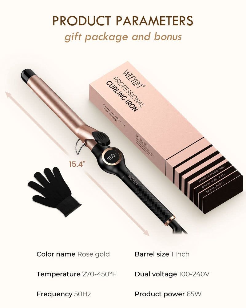 Curling Tongs 25mm, Long Barrel Hair Curler for Hair, Ceramic Tourmaline Hair Curling Iron Dual Voltage