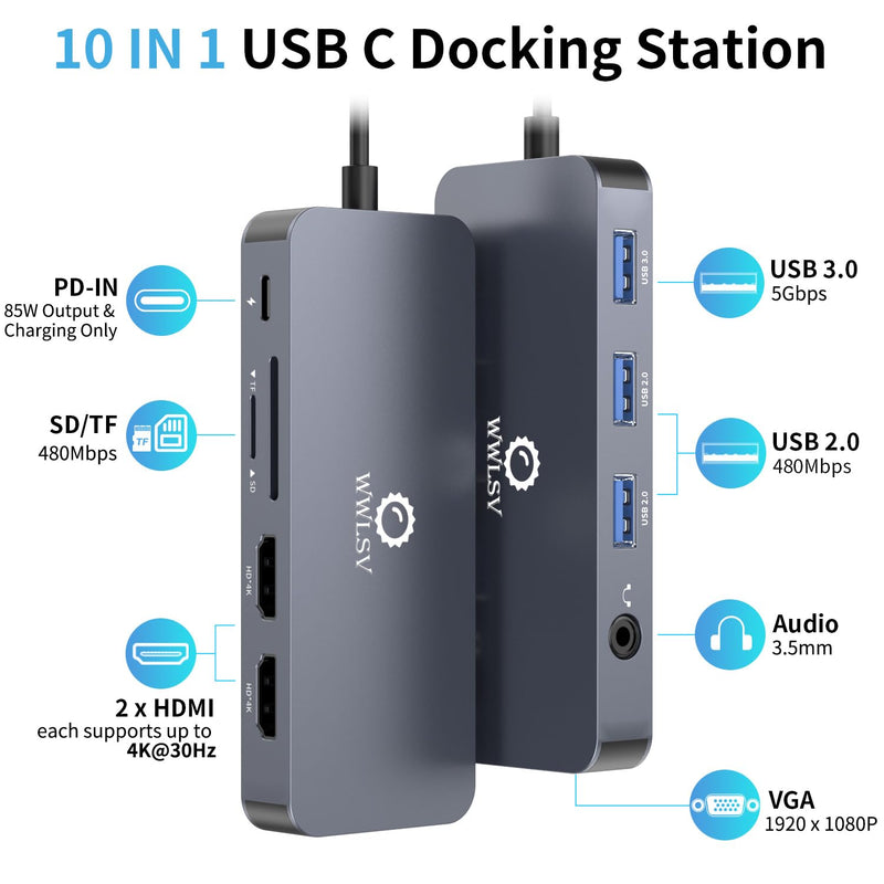 USB C Hub, 10-in-1 Docking Station Dual Monitor with 4K HDMI, VGA, Fast Charging Port, USB 3.0 & 2 USB 2.0 Ports, SD/TF Card Reader, 3.5mm AUX, USB C Dongle for MacBook, Dell, Lenovo, HP Laptops