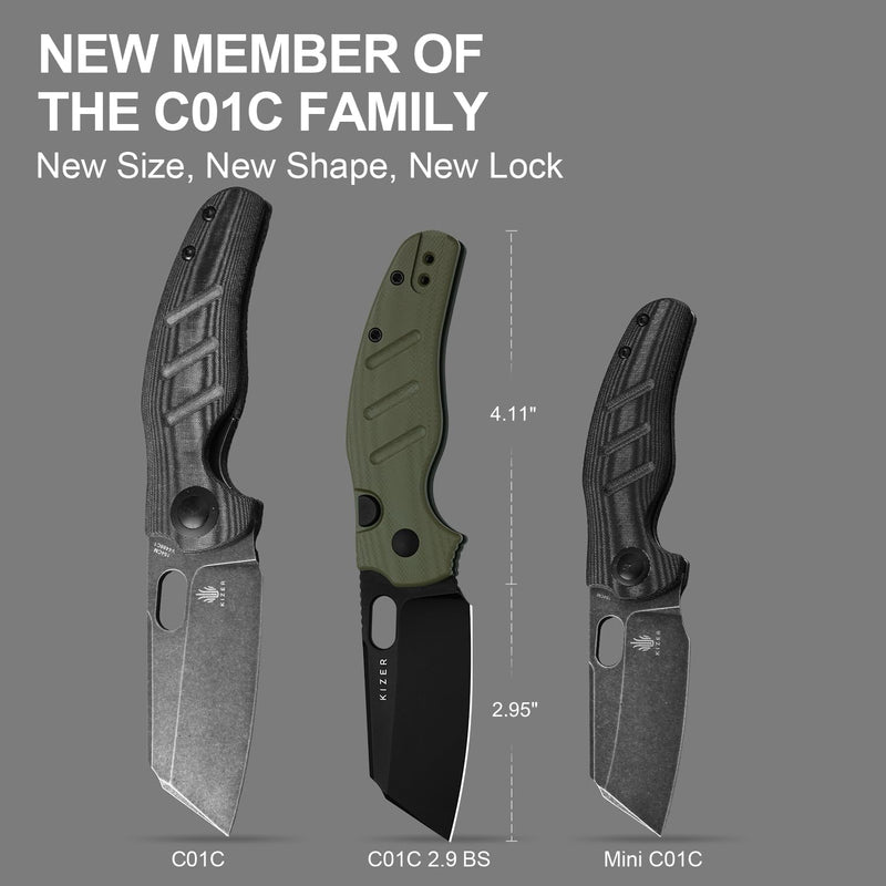 Kizer C01C 2.9 BS Sheepdog Pocket Knife, 2.95" D2 Blade Folding Knife with Olive Green G10 Handle, Button Liner Lock & Thumb Hole, Small EDC Knives for Camping Hiking Survival, V3488.29BSM1