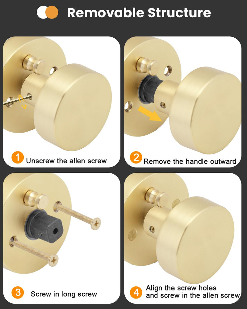 Goldenwarm Gold Door Knob Dummy, Zinc Alloy Keyless Brushed Gold Door Knobs for Closet and Bifold - Single Side Non Turning (1 Pack/2 Pieces) 1