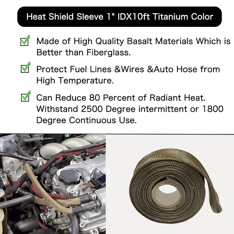 Heat Shield Sleeve 1" ID X 10' Fuel Line Heat Shield Auto Hose Spark Plug Wire Cover Protectors Boots Roll 2500 Degree for Car Auto Wire Loom Brake Cable Titanium 1"ID x 10Ft