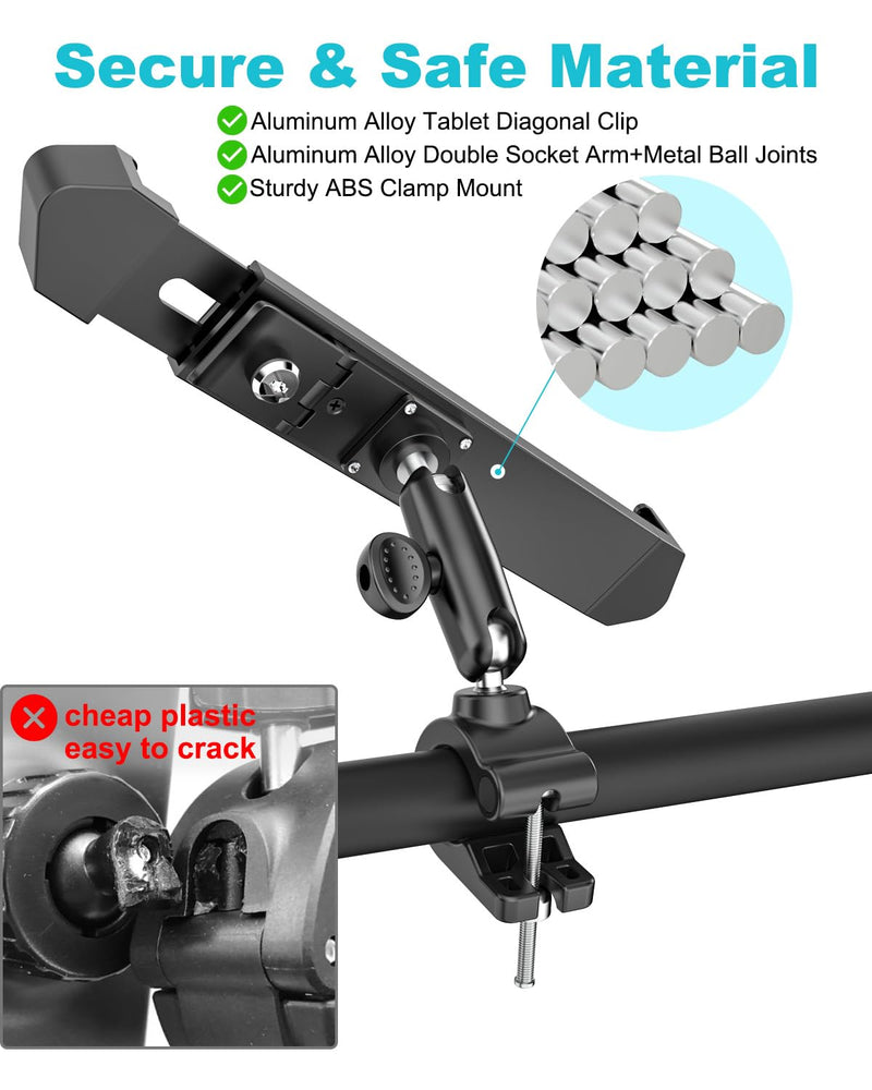 Anti-Theft Motorcycle Tablet Mount, Heavy Duty Bike Tablet Holder with Lock & Key, 360° Double Joints Adjustable Arm - Handlebar Clip for iPad Pro 11 Air Mini, Navigation, More 7-11" Devices