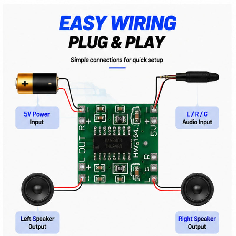PAM8403 2x3W Stereo Class D Amp Module 2.5-5.5V USB Mini Amplifier 6-Pack | 2.5-5.5V USB-powered mini amplifier with volume control for DIY portable speakers, Arduino, and Raspberry Pi projects