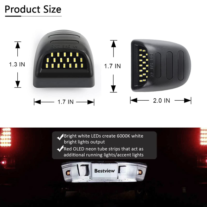 Bestview LED License Plate Light Tag Lamp Assembly - Tag Lights Led with Red OLED Neon Tube - Compatible with Chevy Silverado Suburban Tahoe GMC Sierra 1500 2500 3500 HD Escalade EXT, 2 Pieces Red&White LED