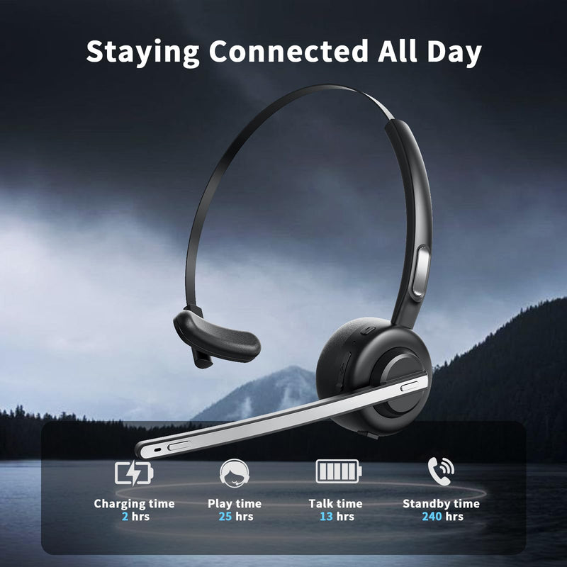 Bluetooth Headset, V5.2 Trucker Wireless Headset with Noise Cancelling Microphone & Charging Base for iPhone Samsung Cell Phone