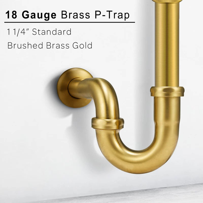 18 Gauge Solid Brass P-Trap 1 1/4” OD, Heavy Duty Brass Tubular J Bend Pipe Connector, Decorative Bathroom Basin Sink Waste Trap Drain Kit with Flange and Gasket Washers, Brushed Gold