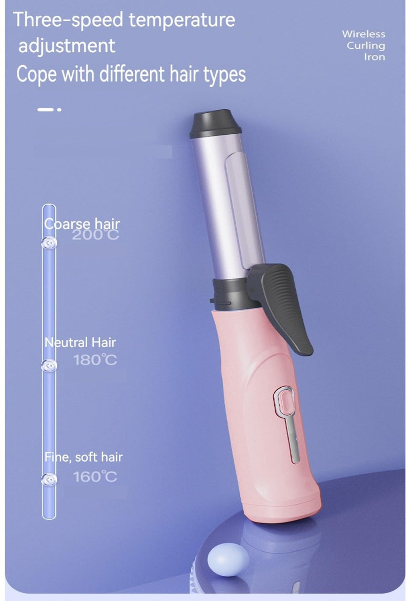 Mini Travle Curling Wand for Women, Mini Cordless Curling Iron for Short Hair, USB Rechargeable Ceramic Hair Curling Wand, 3 Temperature Levels Curling Tongs (Pink) Pink