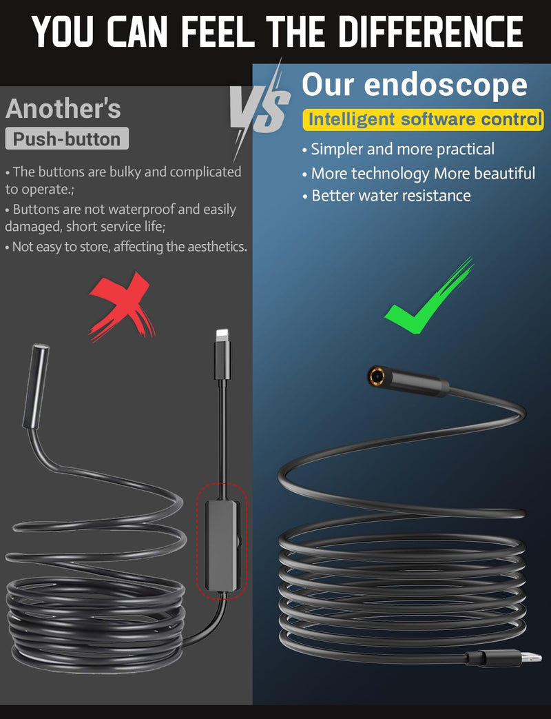 Endoscope Camera with Light 1920P HD, 6FT Semi-Rigid Snake, 8 Adjustable LED Light, 8mm IP67 Waterproof Inspection Camera for iOS