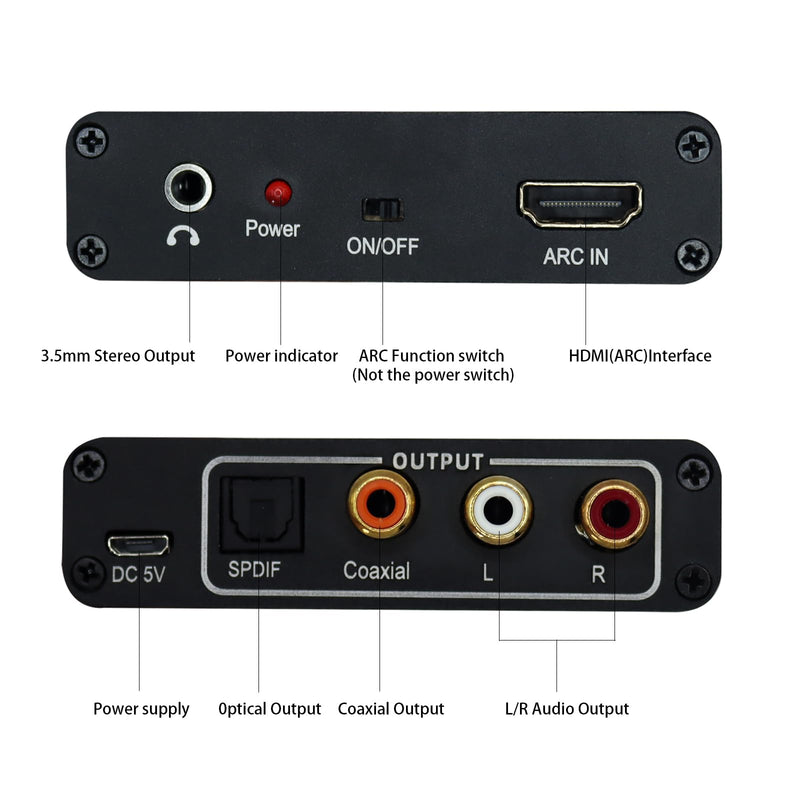 HDMI ARC Audio Converter, 192KHz / ARC to Optical/Coaxial/RCA/3.5mm Jack Compatible for TV/Projector/Speaker/Soundbar/Amplifier/Headset/Black