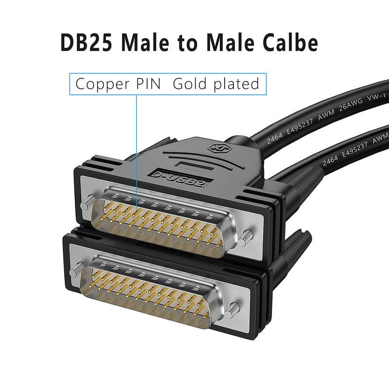 DB25 Male to Male Cable 6FT, 26awg Tinned Copper Wires,Double-Shielded with Foil &Metal Braid, D-SUB 25 PIN RS232 Serial Cable in Black 6 feet