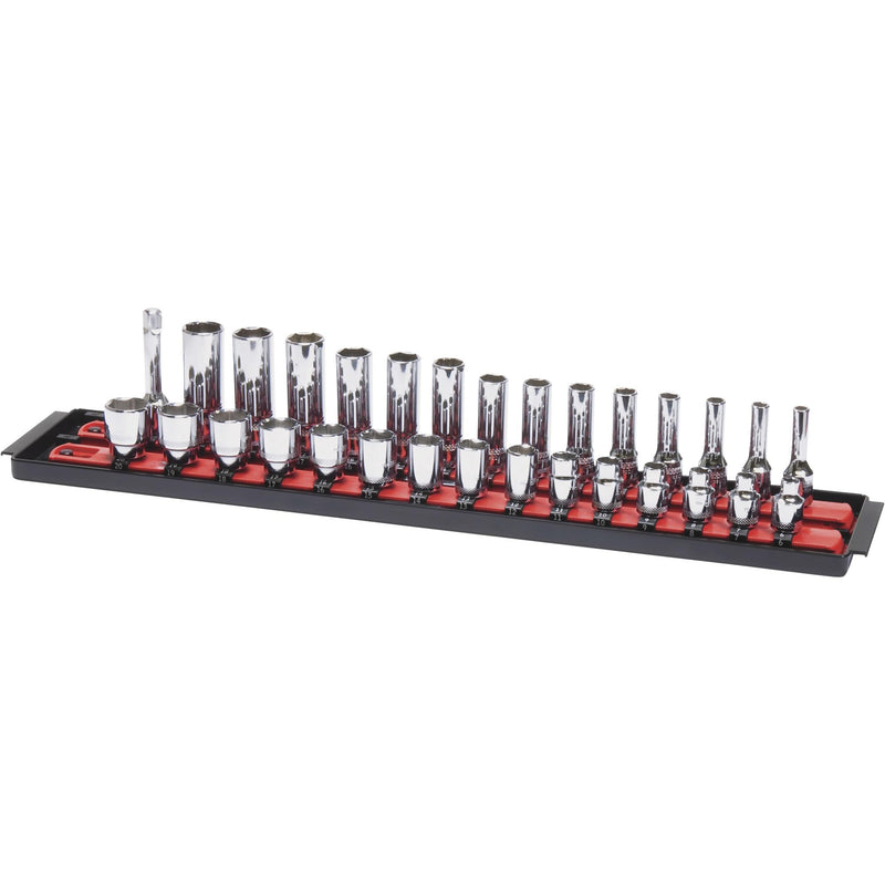 Ernst Manufacturing - 8453 Socket Boss 2-Rail 3/8-Inch-Drive Socket Organizer, 19-Inch, Red - Socket Storage Tray and Organization System for Mechanics and Automotive Service Technicians 3/8"