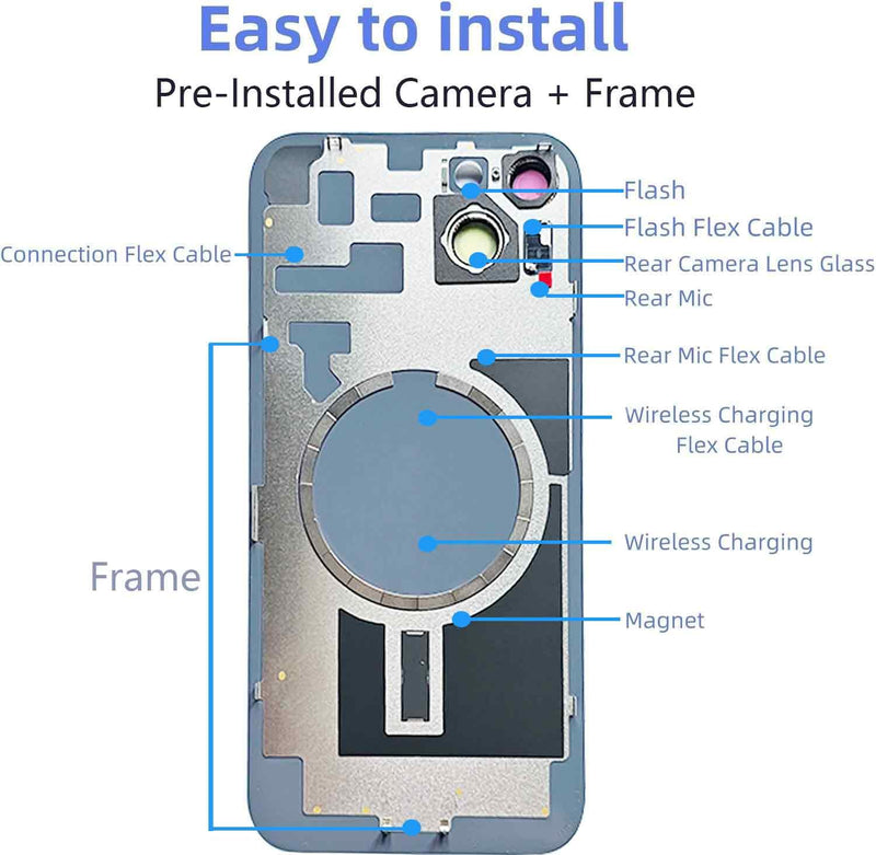 Original Back Glass Cover Battery Door Replacement & Waterproof Tape, Pre-Installed Camera Frame for iPhone 14 All Carriers Repair 14 Tool (Blue) Blue