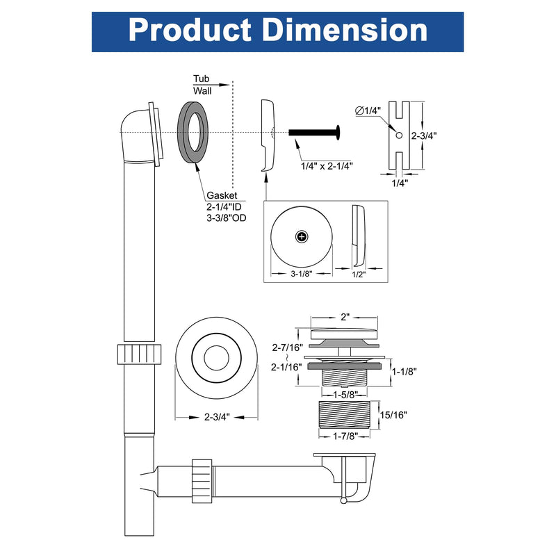 Brass Tip-Toe Tub Drain Kit, Oil Rubbed Bronze Tub Drain and Overflow Kit with Single Hole 1-hole