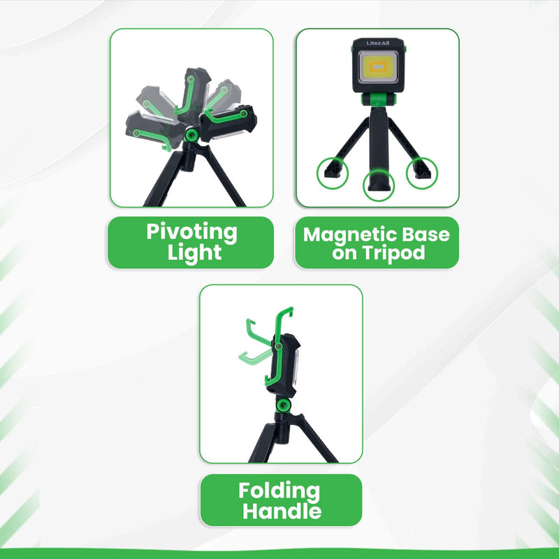 LitezAll 2000 Lumen Rechargeable Work Light with Stand – Tripod Light, Tower Light, Work Lights on Stand with UV Mode, Adjustable Folding Base