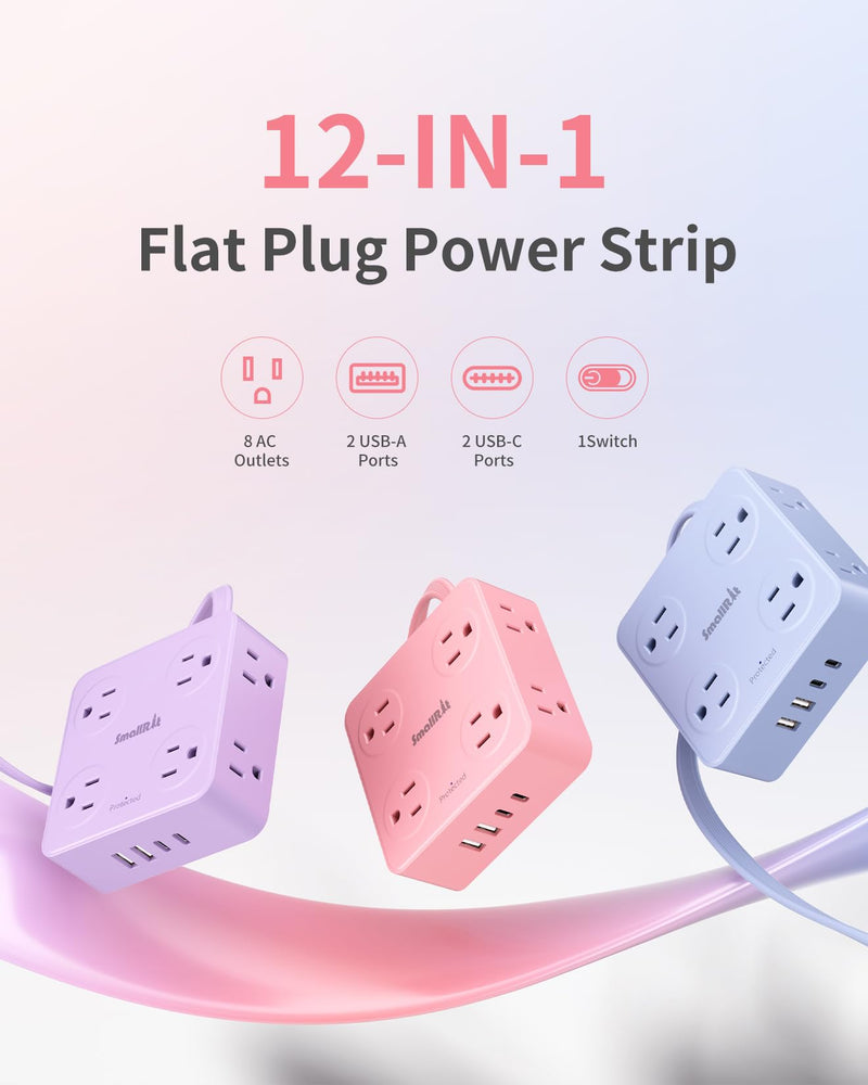 Extension Cord with Multiple Outlets, SMALLRT Power Strips, 6.5FT Flat Plug Power Strip with USB Ports, 8 Outlets, Outlet Extender Outlet for Home Office, Pink 6.5 Ft