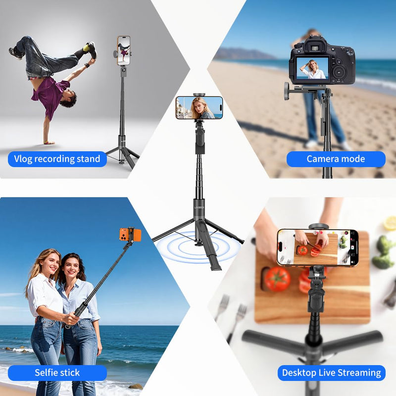 62.9" Selfie Stick Tripod - One-Button Pop-Open Phone Tripod with Remote. | Selfie Stick Tripod Stand | One-Button Instant Open, One-Pull Fold, Portable with Magnetic Remote, iPhone Android Compatible Black