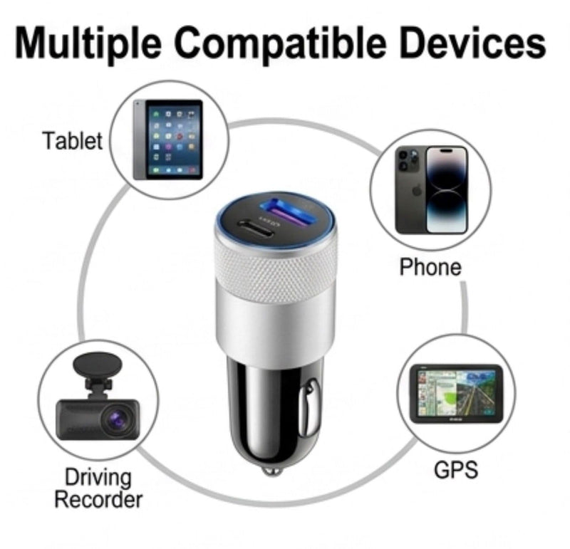 Dual-Port USB Fast Car Charger, USB-C PD and 3.1A USB-A, 15W Total Output, Metal Knurled Grip, Universal 12-24V, Model CC-PD1 Silver/Black