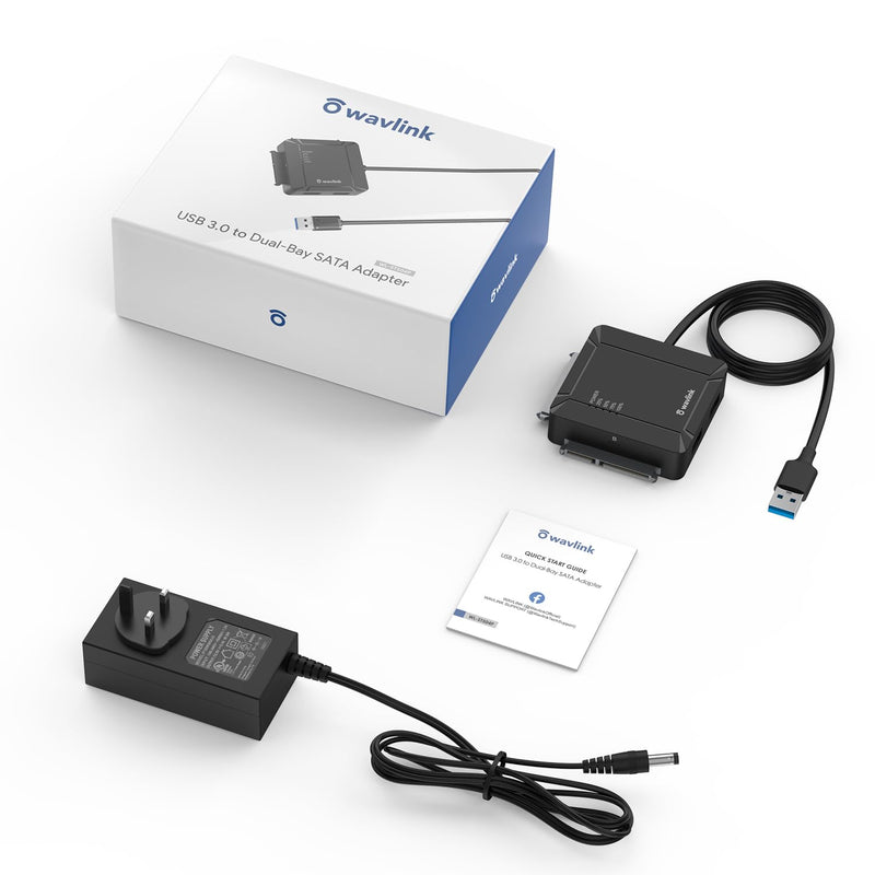 WAVLINK USB 3.0 HDD Docking Station, Dual-Bay 2×USB 3.0 & 12V/3A, 5Gbps | USB 3.0 to SATA; 2.5/3.5" HDD/SSD; Offline Clone A to B; UASP/TRIM; Bus Power 5V SSD; 36TB Capacity; Hot-Swap; Plug & Play