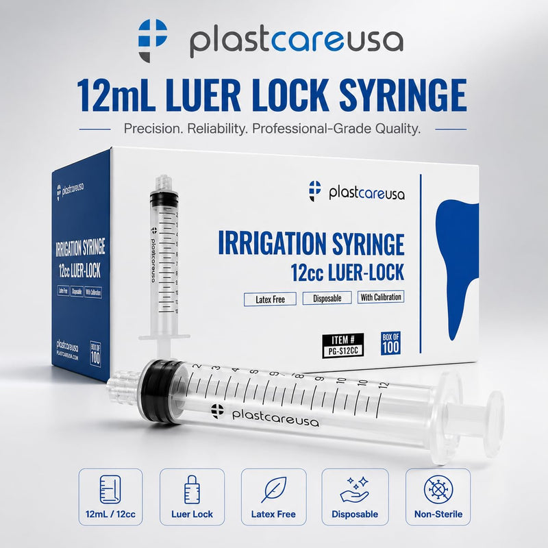100 12ml Luer Lock Syringe without Needle, Disposable Luer Slip Tip Syringes - Non-Sterile, Latex-Free Plastic Dispenser by PlastCare USA 100.0