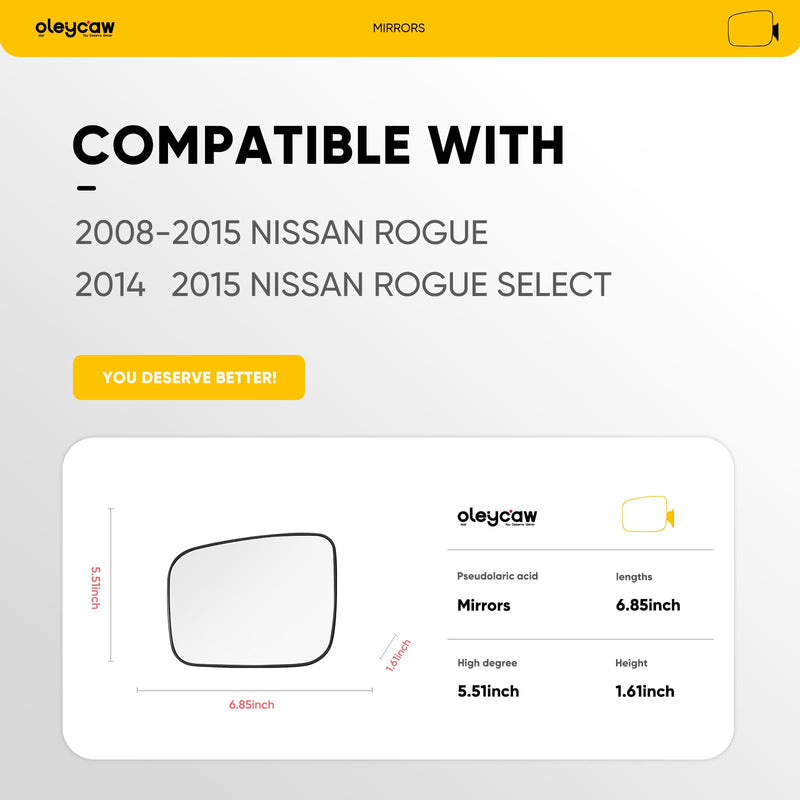 Compatible with Nissan Rogue Driver Side Mirror 2008 2009 2010 2011 2012 2013 2014 2015, Nissan Rogue Select 2014 2015, Left Side Mirrors Replacement Glass with Backing Plate, Power Heated Driver Side(LH)
