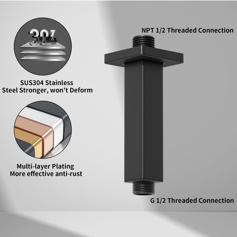 Matte Black Shower Arm with Flange Square Stainless Steel Ceiling Mount Shower Extension Arm Pipe for Shower Head, 4 inch Short Matte Black