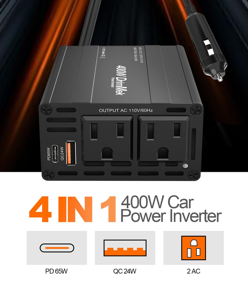 400W Car Power Inverter - Dual DC 12V to 110V AC Car Plug Adapter Outlets, Fast Charging USB C 65W & 24W Port, Power Inverters for Vehicles, Laptop Car Charger, Road Trips BLACK