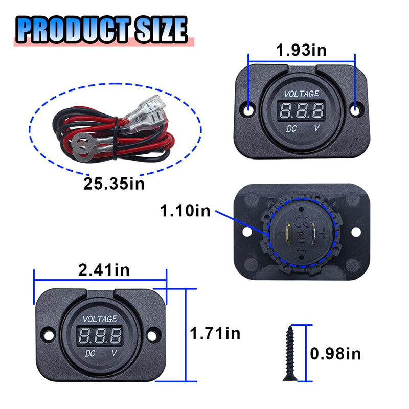 Car Battery Voltage Meter, DC 12V 24V Waterproof Battery Monitor, LED Digital Display Voltage Tester Gauge Meter with Terminal, Round Panel Voltage Gauge for Car UTV ATV Boat (Blue) Blue