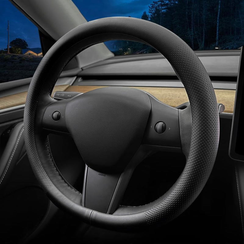 LKWLIKEI Nappa Leather Ultra-Thin Steering Wheel Cover, for Tesla Model 3/Y Steering Wheel Cover, Non-Slip Design and Interior Modification of car Accessories (Black) Black2