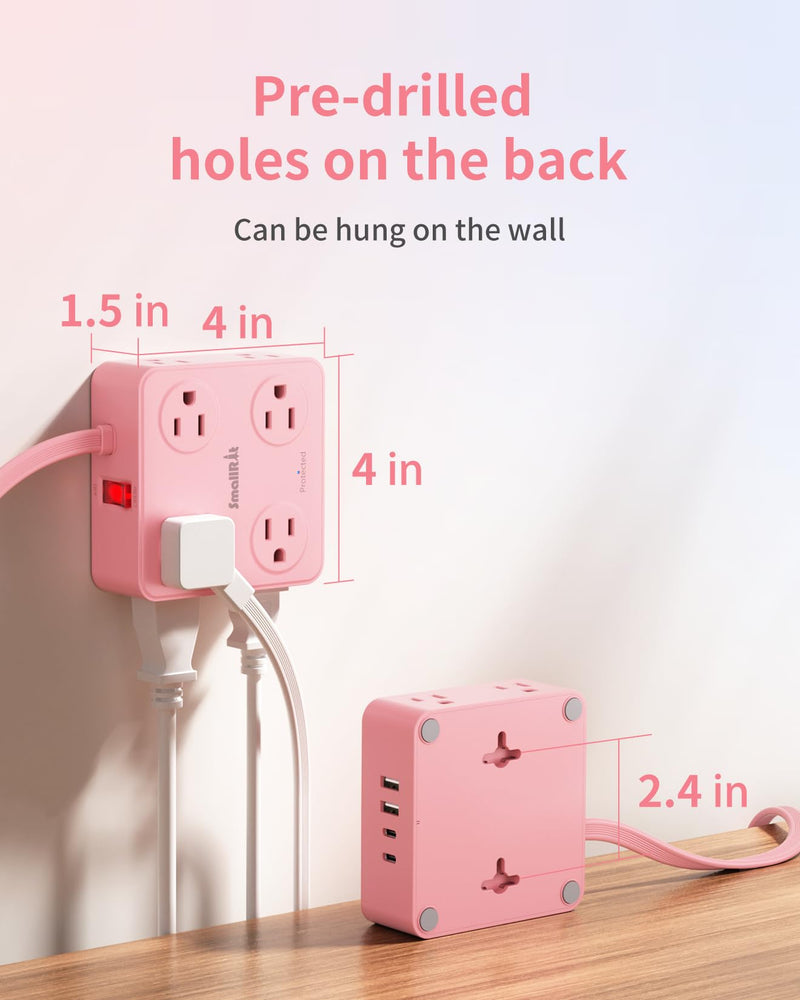 Extension Cord with Multiple Outlets, SMALLRT Power Strips, 6.5FT Flat Plug Power Strip with USB Ports, 8 Outlets, Outlet Extender Outlet for Home Office, Pink 6.5 Ft