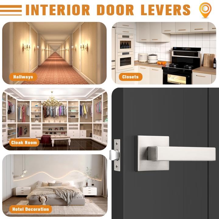 Probrico Interior Brushed Nickel Door Handle, Heavy Duty, Flat Square Passage Door Handles, Keyless Door Levers Lockset for Closet and Hallway (1 Pack, Modern) 1 Pack