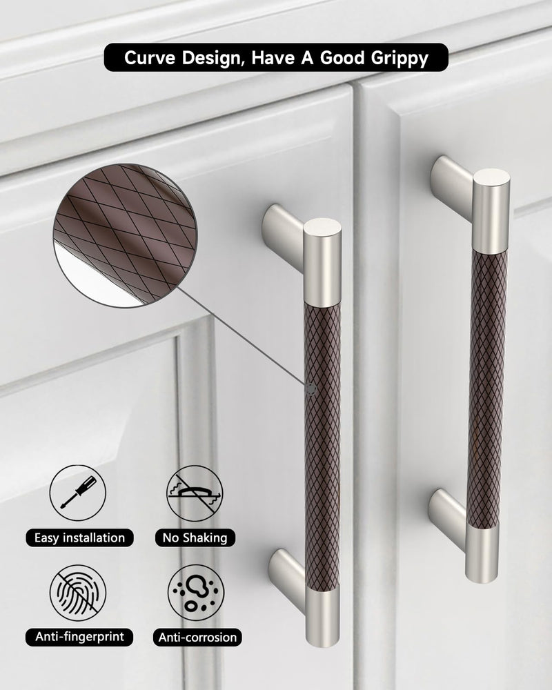 10 Pack 3"(76mm Hole to Hole) Brown and Satin Nickel Cabinet Pulls, Knurled Handles with Coffee Silver Finish for Kitchen Drawers, Vanity Dresser Two Tone Cabinet Hardware CK0094 3"/76MM Hole Center Brown and Nickel 10