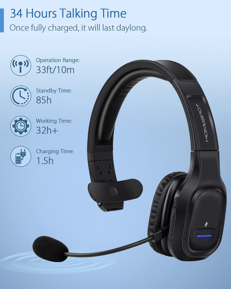 JM100 Trucker Bluetooth Headset with AI Noise Canceling, Wireless Headset with Rotatable Microphone and Big Mute Button, 34 Hrs Talk Time for Trucking, Home Office, Call Center
