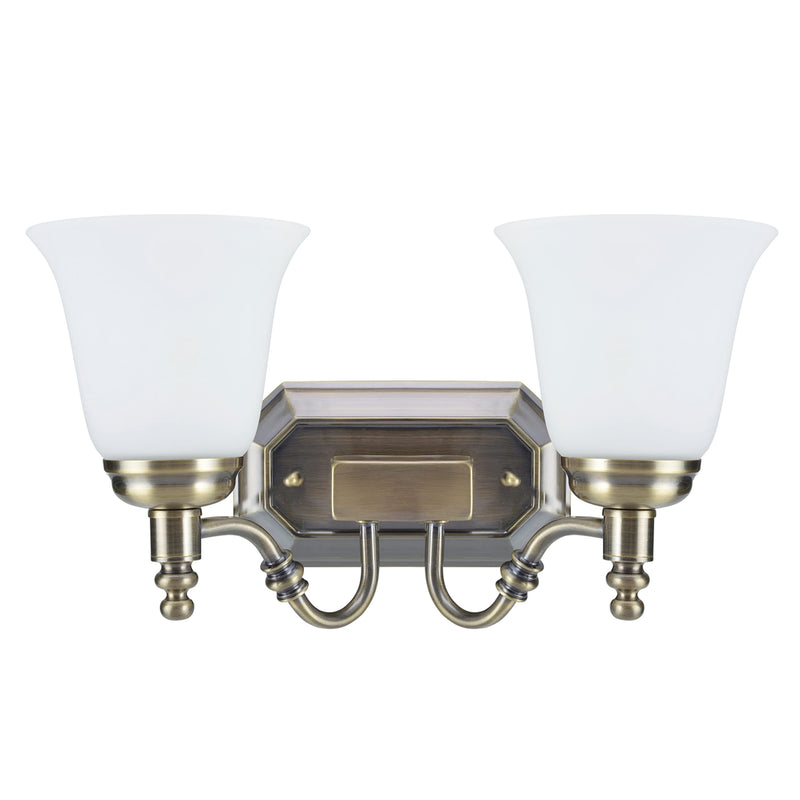Aspen Creative 62021-3, Two-Light Metal Bathroom Vanity Wall Light Fixture, 6" Wide, Transitional Design in Antique Brass with Frosted Glass Shade 2-LIGHT