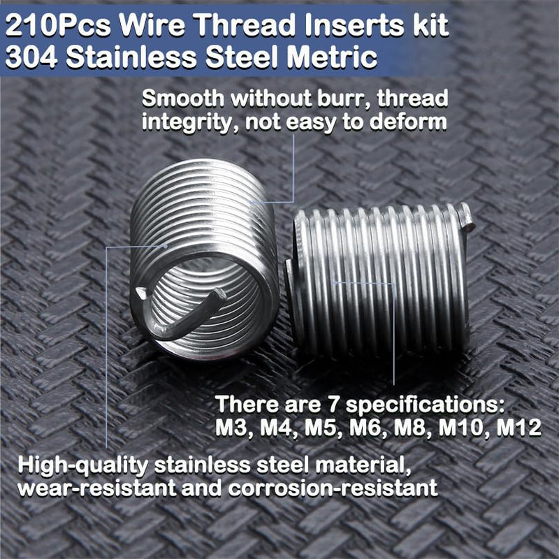 210 Pcs Wire Thread Inserts Kit, Metric Helical Type Coiled Wire 210pcs