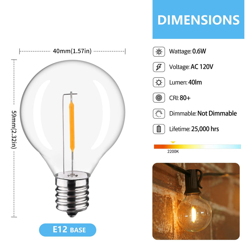 50-Pack G40 LED Replacement Light Bulbs, E12 Screw Base Shatterproof Globe Bulbs for Outdoor String Lights, 0.6 Watt 40 Lumens Equvalent to 5 6 7 Watt Incandescent Bulbs, Warm White 2200K G40 50pack