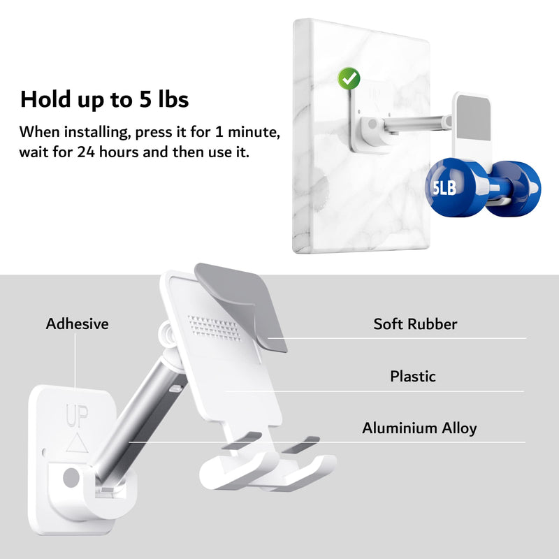 pzoz Wall Mount Cell Phone Holder, Extendable Adjustable Cellphone Stand for Mirror Bathroom Shower Bedroom Kitchen Treadmill, Compatible with iPhone iPad Series or Other Smartphones Tablet (White) White