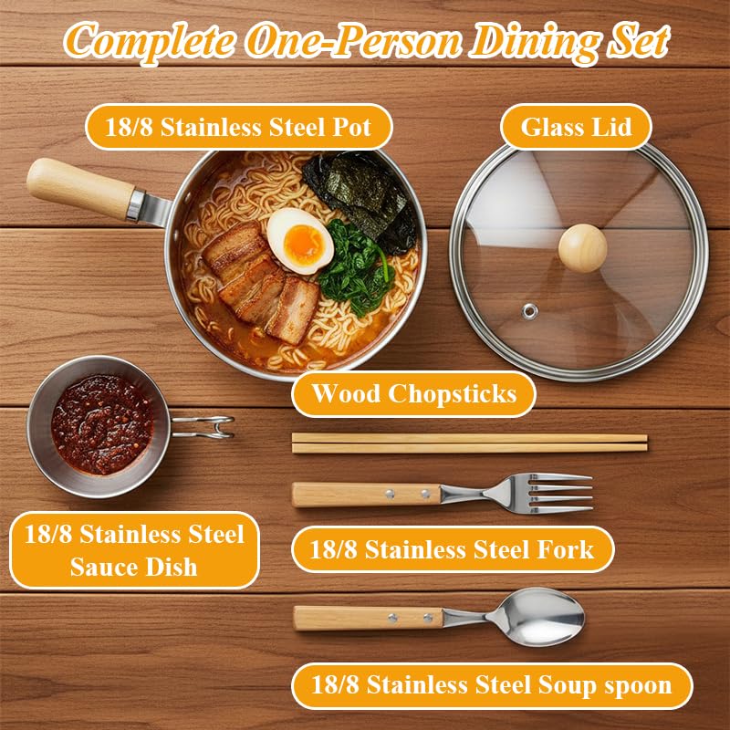 Korean Ramen Pot Set, 18/8 Stainless Steel Ramen Cooking Pot with Glass Lid, Coating-Free One-Person Dining Set, Wooden Handle Bowl, Fork Spoon Chopsticks&Sauce Dish, Safe for Gas Stove Glass Lid Pot
