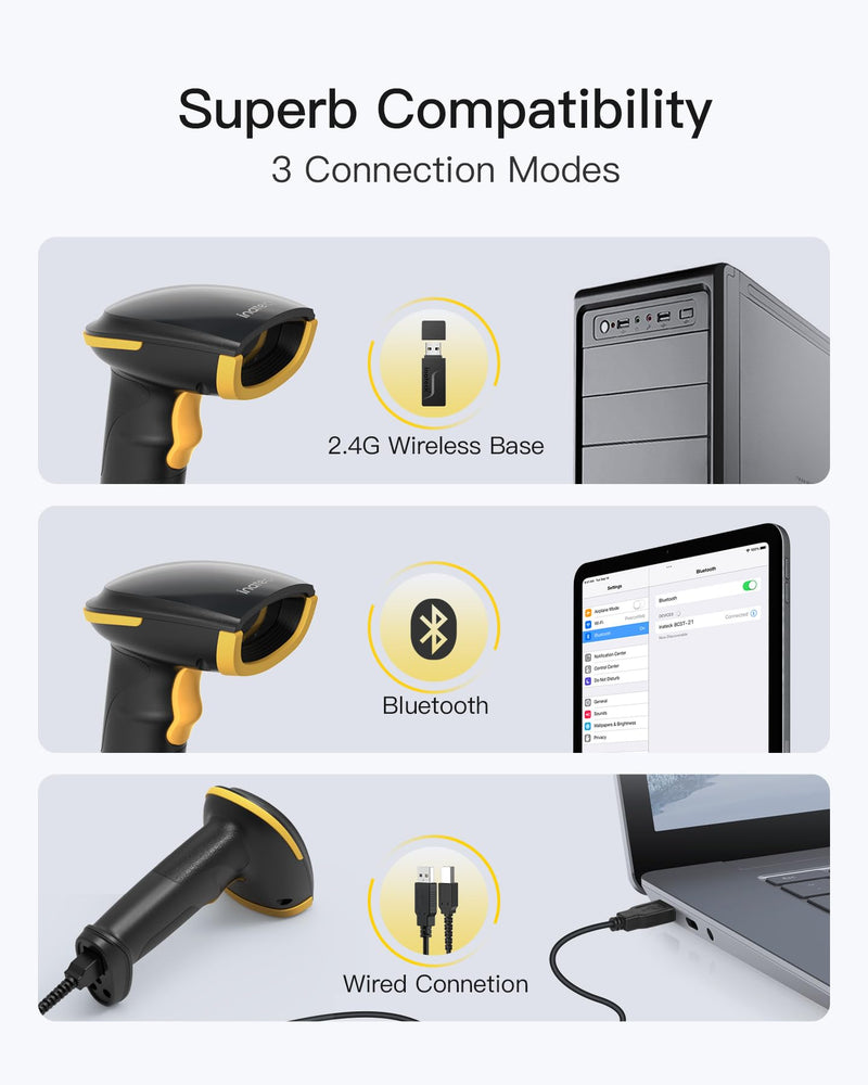 Inateck Wireless Barcode Scanner, Bluetooth Bar Code Scanner, 1D USB Barcode Reader Handheld, 1 Charge 3 Months, Scanner Barcode with APP and SDK Black