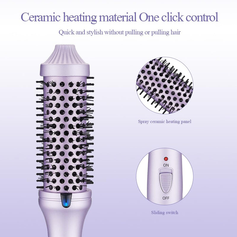 3-in-1 Negative Ion Heating Brush 38mm - 10°C Dual Tension Round Ceramic Tourmaline Brush for Full & Curly Hair (Purple)