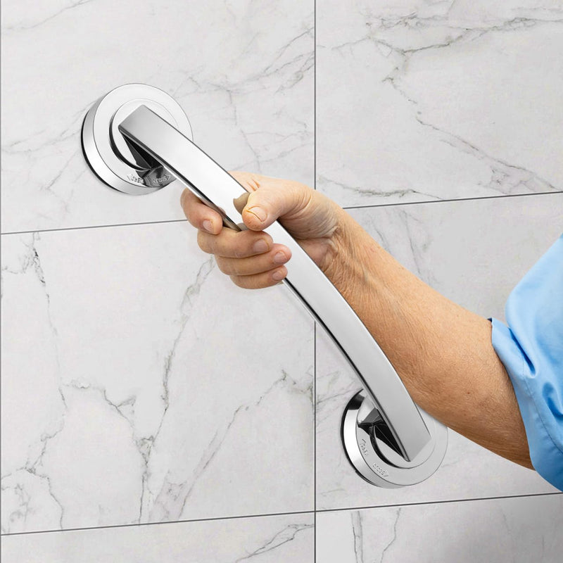 Cabilock Silver Suction Grab Bar for Shower & Bathtub – 12 Inch Chrome Finish Safety Handle, Drill-Free Balance Assist for Seniors, Elderly & Disabled, Portable Bathroom Support Grip