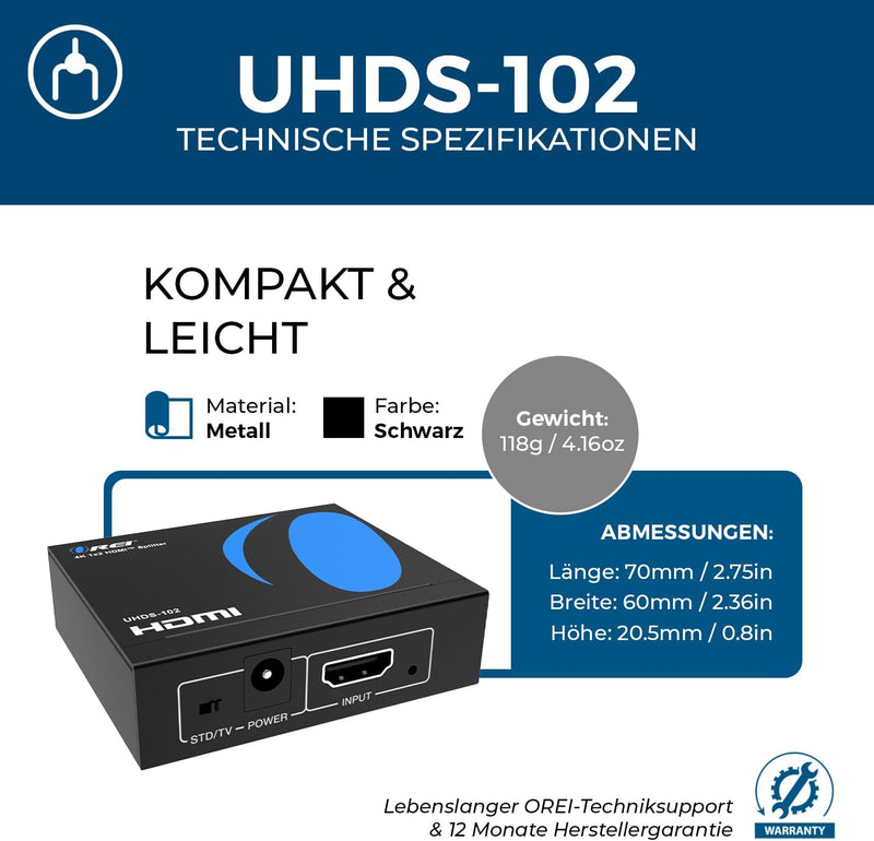 OREI UltraHD 4K @ 60 Hz 1 X 2 HDMI Splitter 1 in 2 Out 2 Port 2: 8-Bit - HDMI 2.0, HDCP 2.0, 18 Gbps, EDID, Duplicate / Mirror 4K Screens - UHDS-102 1x2
