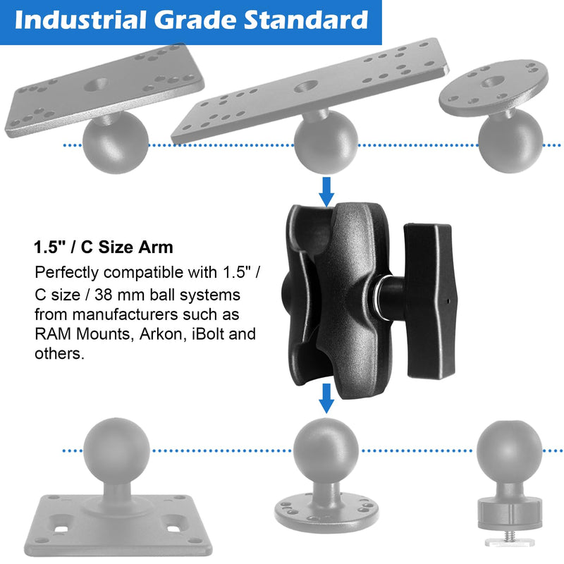 Aluminum Short (3.35") Double Socket Arm for 1.5 Inches/C Size / 38mm Ball Accessories, Powerful Clamp, Compatible with RAM Mount, iBolt and More