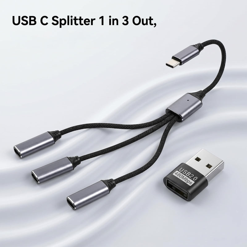 USB C Splitter 1 in 3 Out, USB Type C Splitter Male to 3 Female Ports, Power Charging & Data Transfer Adapter for Laptop Flash Drive Keyboard Mouse (Gray)