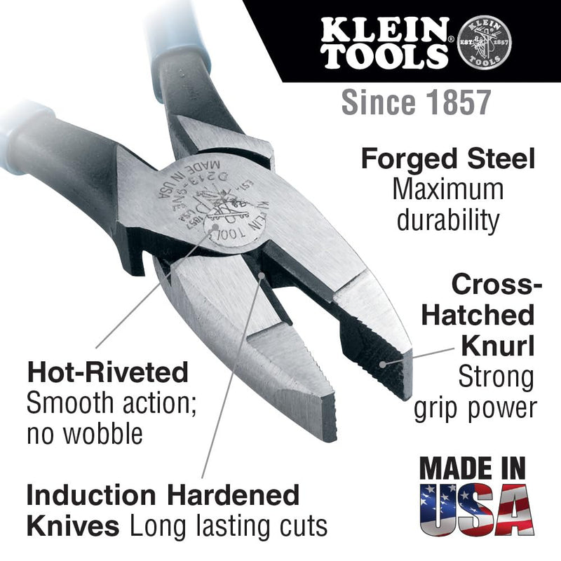 Klein Tools D213-9NE Pliers, Made in USA, 9-Inch Side Cutters, High Leverage Linesman Pliers Cut Copper, Aluminum and other Soft Metals Standard