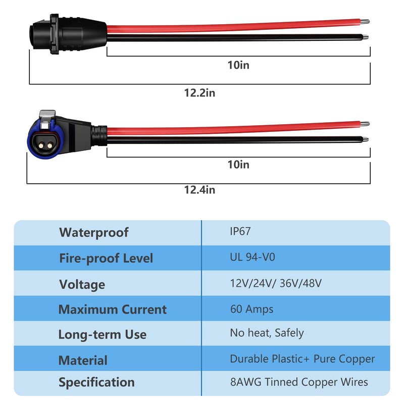 60 Amp Trolling Motor Plug and Receptacle, IP67 Waterproof 8 Gauge 2-Wire Marine Power Connector, 12V-48V Quick Connect for Minn Kota and MotorGuide Boats Blue-1