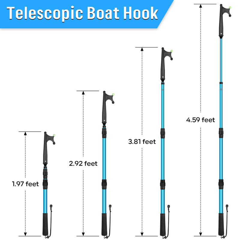 SANLIKE Telescopic Boat Hook for Docking, Extendable Marine Docking Pole with Luminous Design, Rust-Resistant Aluminum, Non-Slip Handle, Lightweight Boat Accessories for Kayak Fishing Pontoon blue