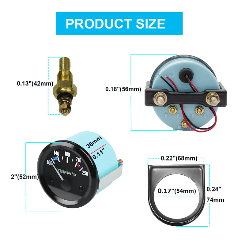 Universal 2" 52mm Water Temp Gauge Automotive, 100-250℉ Water Temperature Gauge with LED Backlight, DC 12V Water Temp Thermometer Meter Kit with Sensor for Car Boat Marine Truck Motorcycle White Pointer