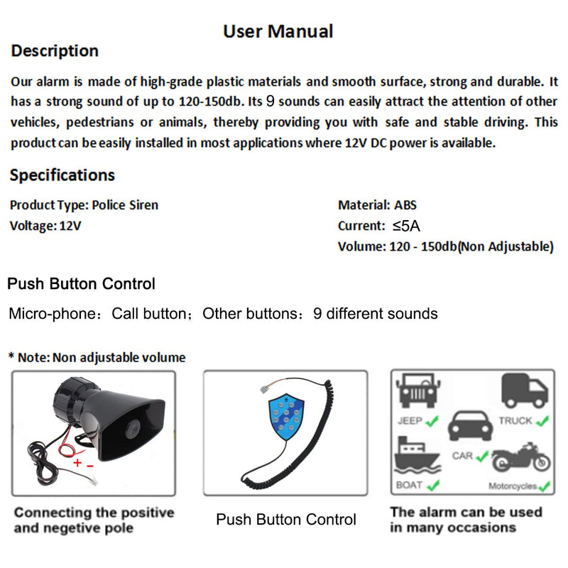 Car Speaker 100W 9 Sounds 12V Car Siren Horn Speaker with Hook Bracket, Call Function, 120-125dB Warning Alarm Electronic Horn